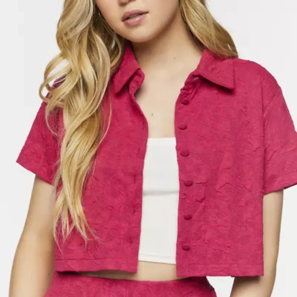 Forever 21 Juniors Button Front Cropped Shirt Womens Short Sleeve Regular Fit Button-Down Shirt