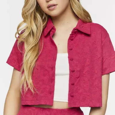 Forever 21 Juniors Button Front Cropped Shirt Womens Short Sleeve Regular Fit Button-Down Shirt