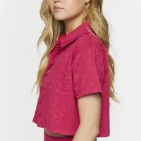 Forever 21 Juniors Button Front Cropped Shirt Womens Short Sleeve Regular Fit Button-Down Shirt