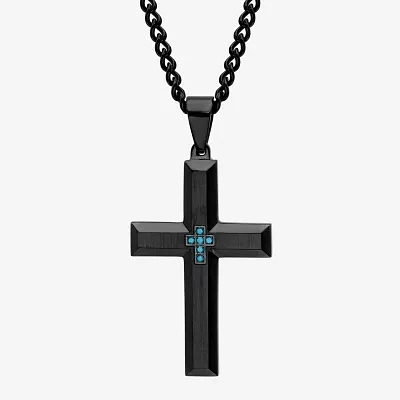 Mens Color-Enhanced Blue Diamond-Accent Black Ion-Plated Stainless Steel Cross Pendant Necklace