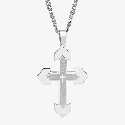 Mens Lord's Prayer Stainless Steel Cross Pendant Necklace