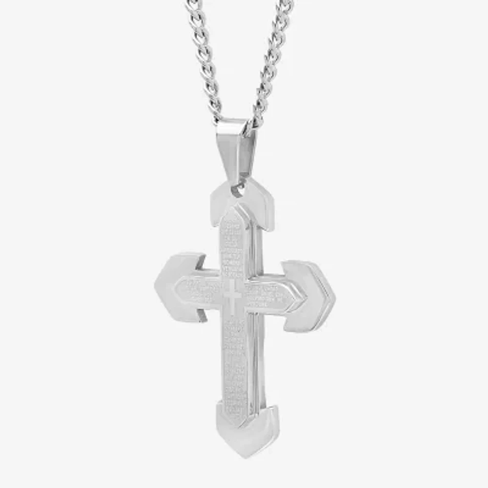 Mens Lord's Prayer Stainless Steel Cross Pendant Necklace