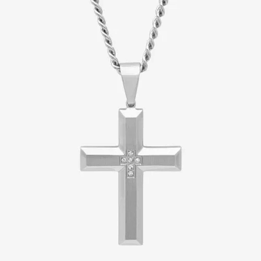 Mens Diamond-Accent Stainless Steel Cross Pendant Necklace