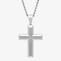 Mens Diamond-Accent Stainless Steel Cross Pendant Necklace