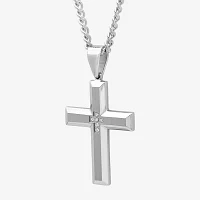 Mens Diamond-Accent Stainless Steel Cross Pendant Necklace