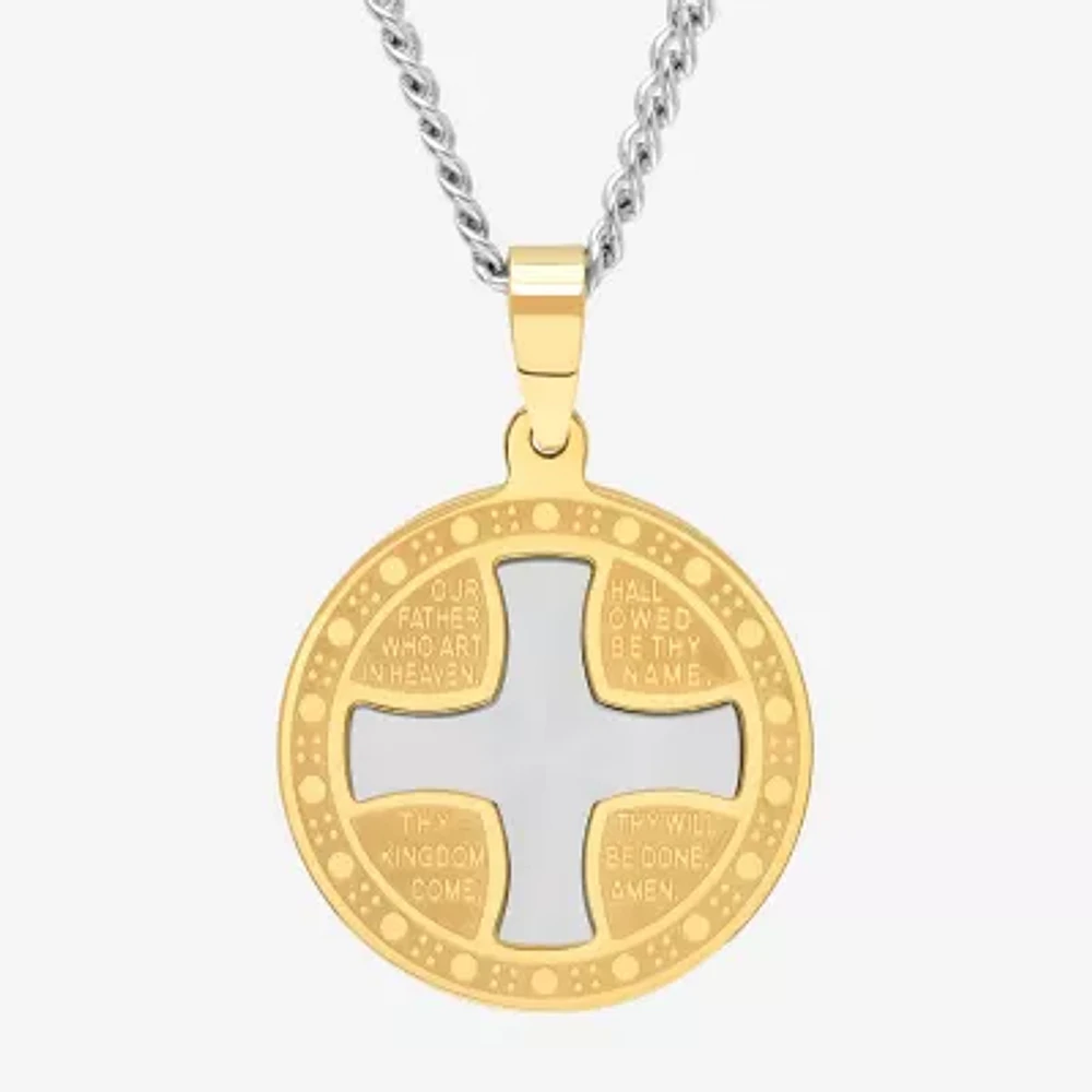 Mens Two-Tone Stainless Steel Lord's Prayer Iron Cross Pendant Necklace