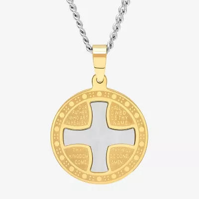 Mens Two-Tone Stainless Steel Lord's Prayer Iron Cross Pendant Necklace