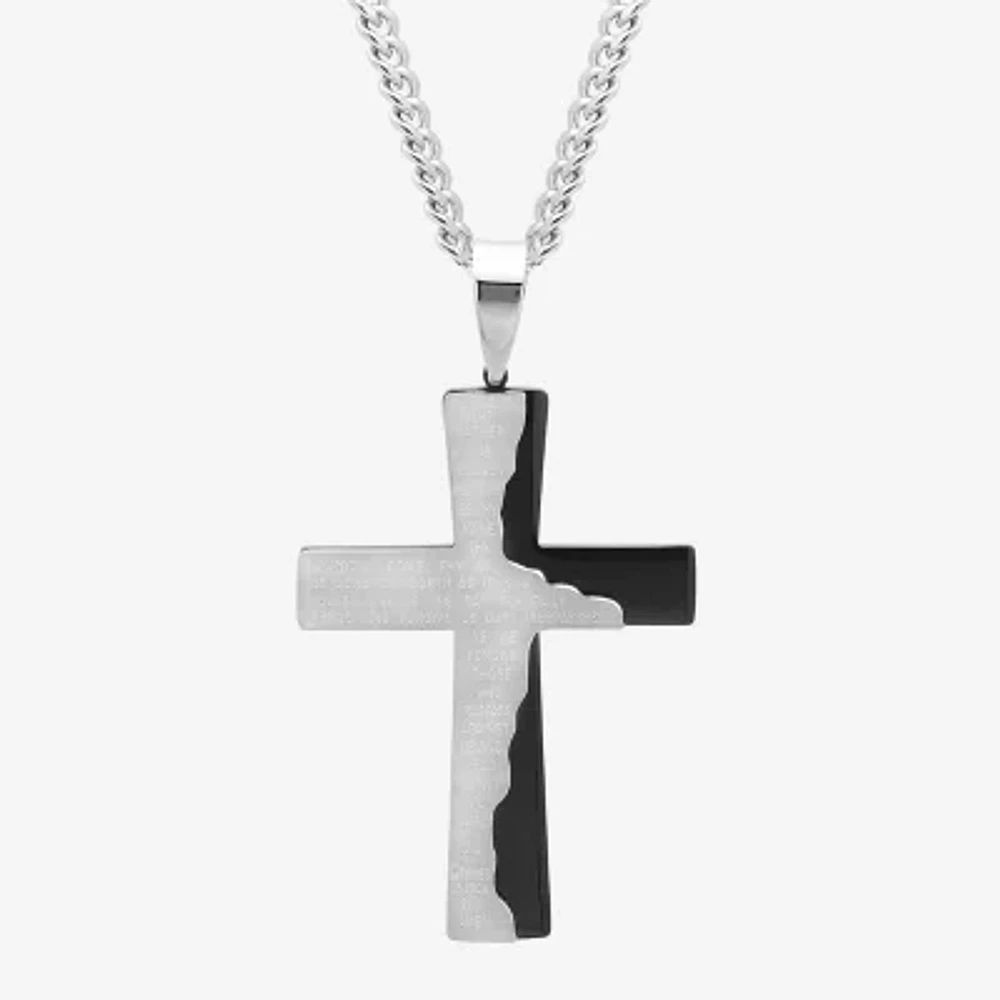 Mens Lord's Prayer Two-Tone Stainless Steel Cross Pendant Necklace