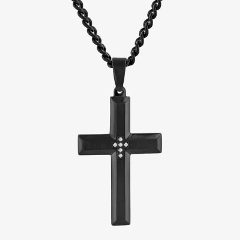 Mens Diamond-Accent Black IP Stainless Steel Cross Pendant Necklace