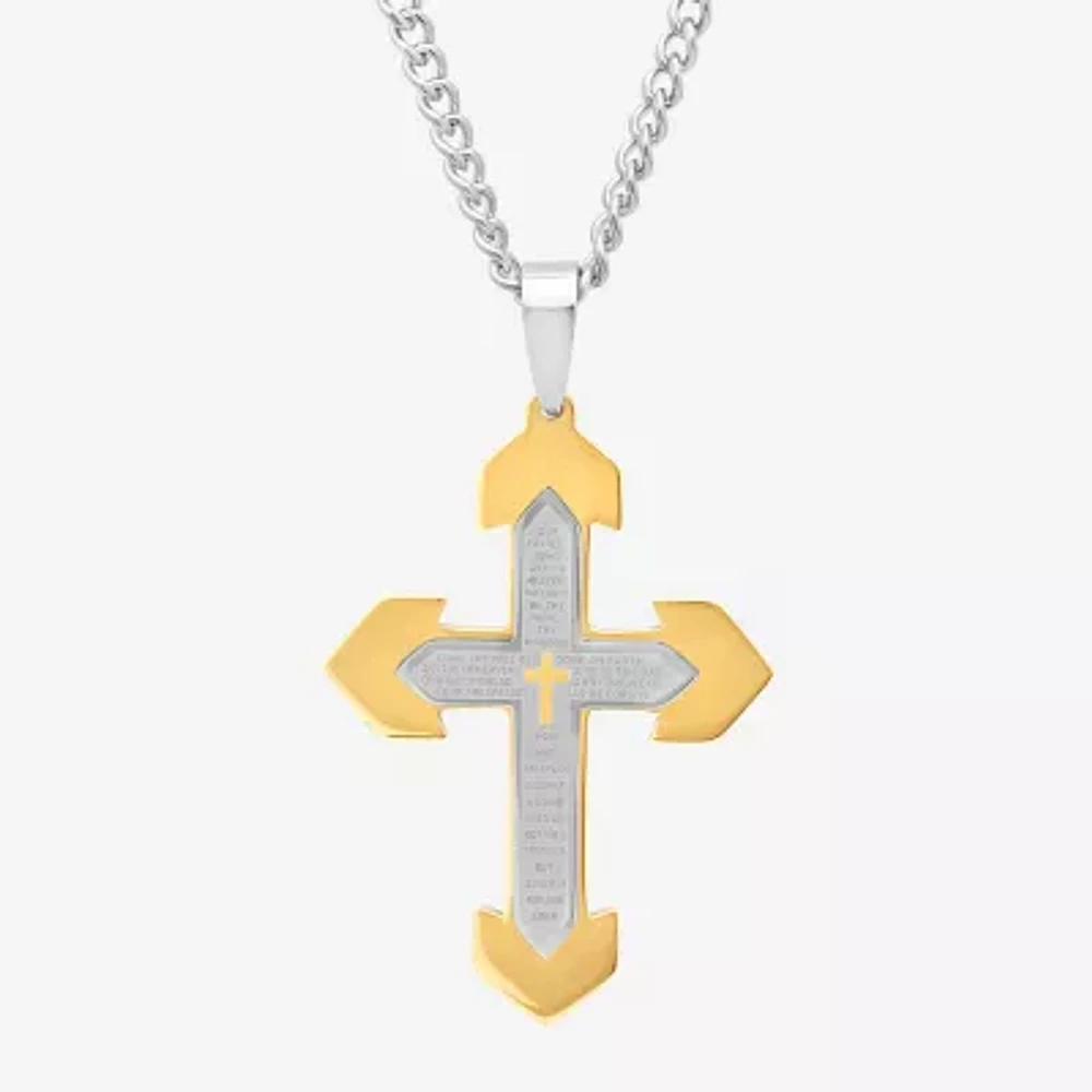 Mens Lord's Prayer Stainless Steel Cross Pendant Necklace