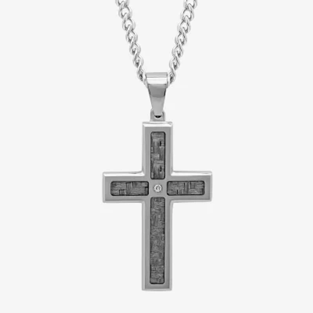 Mens Diamond-Accent Stainless Steel Cross Pendant Necklace