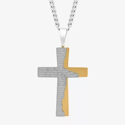 Mens Two-Tone Stainless Steel Lord's Prayer Cross Pendant Necklace