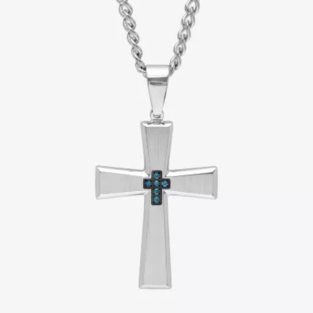 Mens Color-Enhanced Blue Diamond-Accent Stainless Steel Cross Pendant Necklace