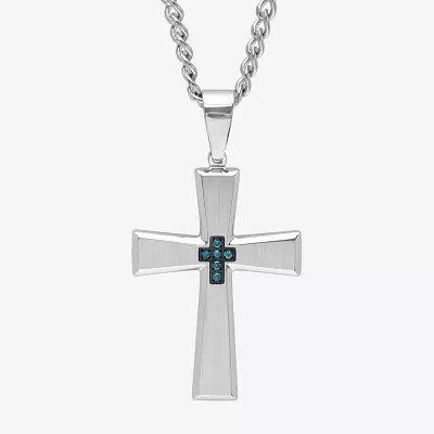 Mens Diamond-Accent Stainless Steel Cross Pendant Necklace