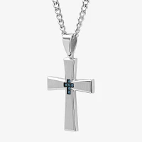 Mens Color-Enhanced Blue Diamond-Accent Stainless Steel Cross Pendant Necklace