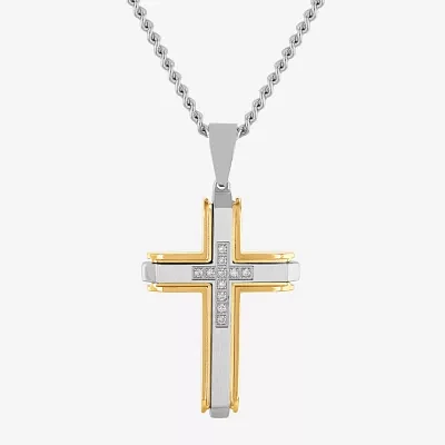 G-H / I1) Mens 1/4 CT. T.W. Lab Grown White Diamond Stainless Steel Cross Pendant Necklace