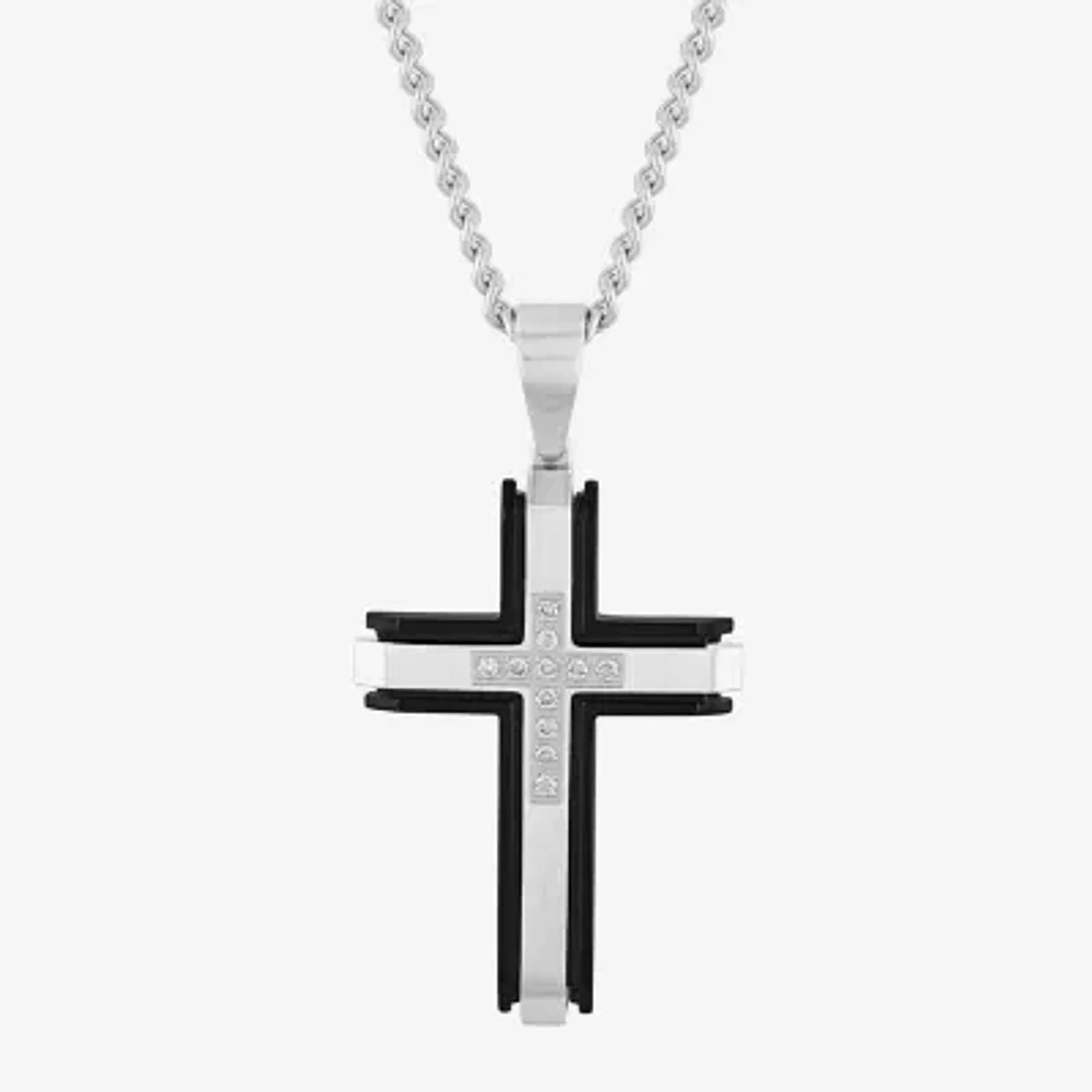 G-H / I1) Mens 1/4 CT. T.W. Lab Grown White Diamond Stainless Steel Cross Pendant Necklace