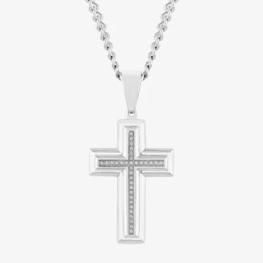 Mens 1/ CT. T.W. Natural Diamond Stainless Steel Cross Pendant Necklace