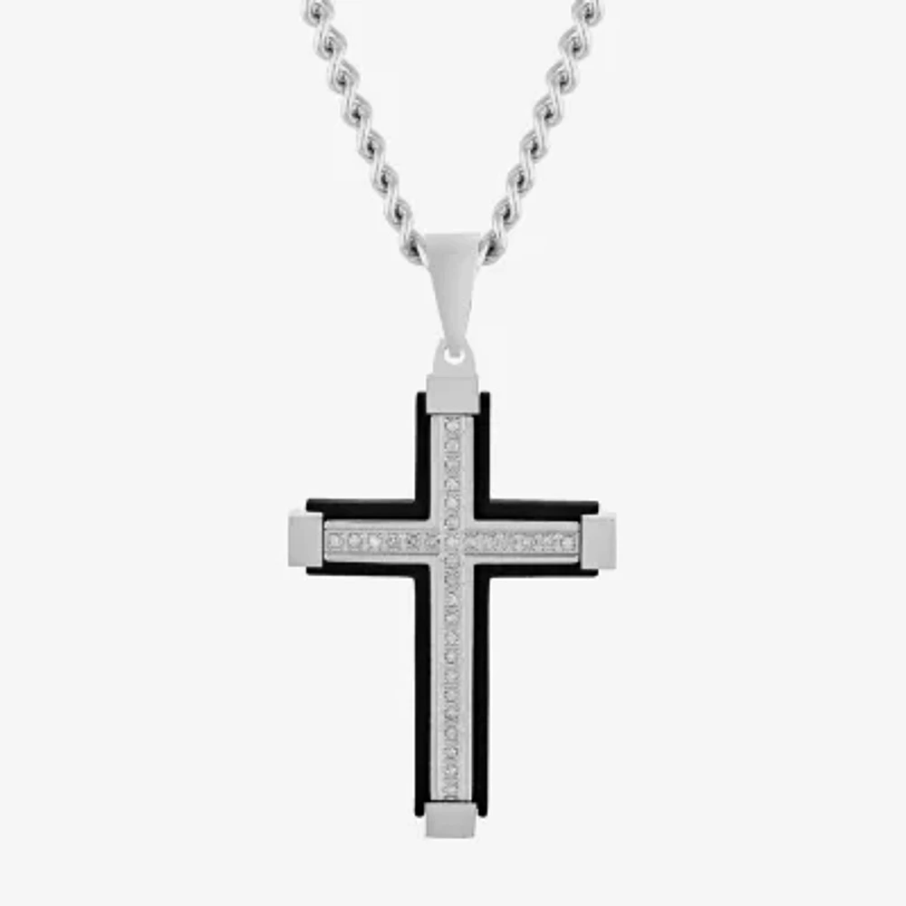 Mens 1/7 CT. T.W. Natural Diamond Stainless Steel Cross Pendant Necklace