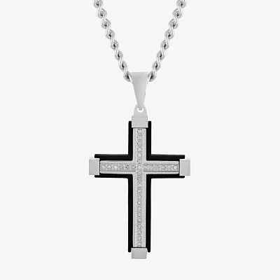 Mens 1/7 CT. T.W. Natural Diamond Stainless Steel Cross Pendant Necklace