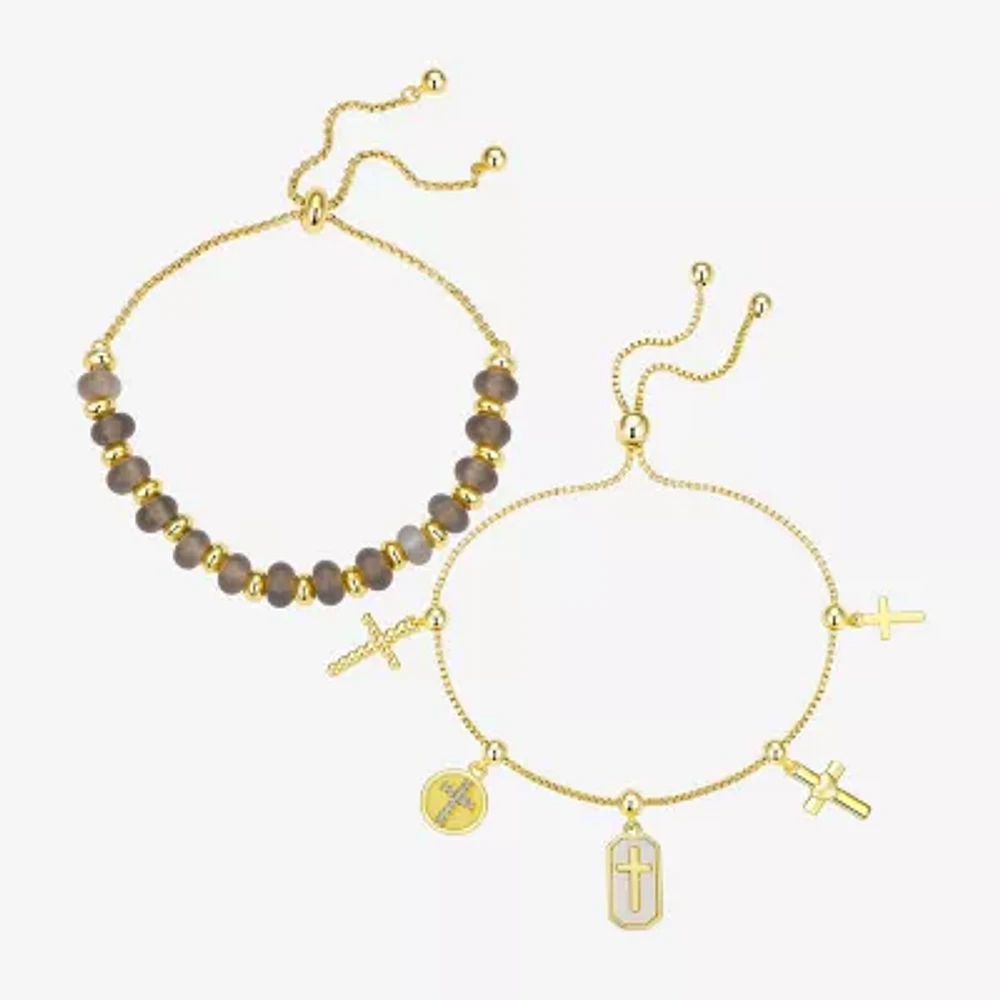 Footnotes Cubic Zirconia 10K Gold Over Brass Box Cross Bolo Bracelet