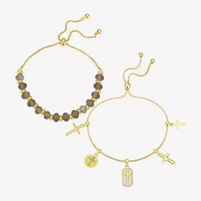 Footnotes Cubic Zirconia 10K Gold Over Brass Box Cross Bolo Bracelet