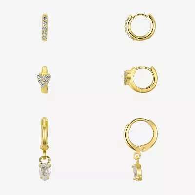 Silver Reflections 3 Pair Cubic Zirconia 10K Gold Over Brass Heart Earring Set