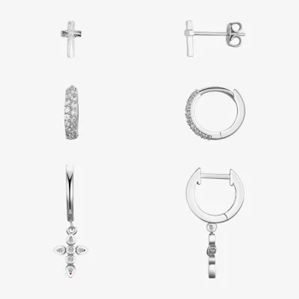 Silver Reflections 3 Pair Cubic Zirconia Cross Earring Set
