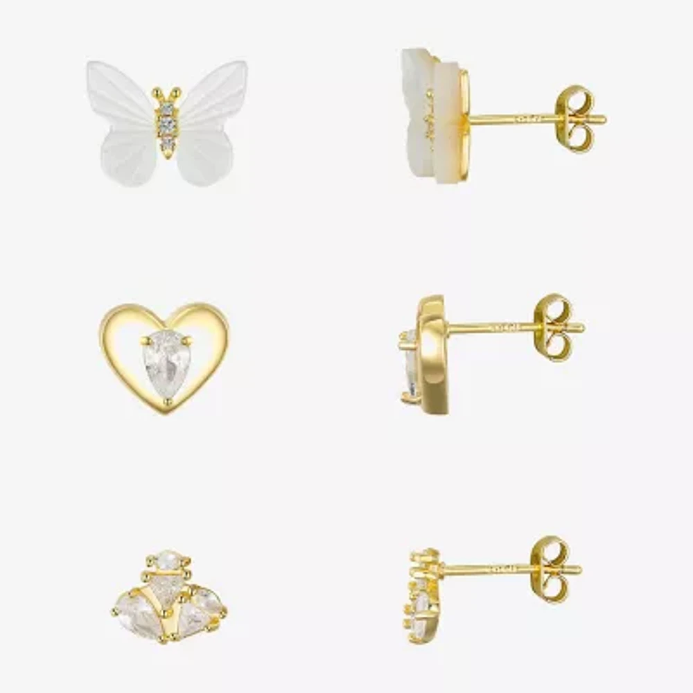Silver Reflections 3 Pair Cubic Zirconia 10K Gold Over Brass Butterfly Earring Set