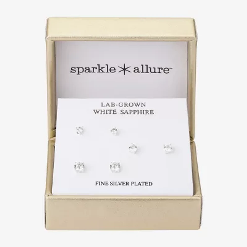 Sparkle Allure Lab Grown Sapphire Silver Tone Pure Silver Over Brass Round 3 Pair Earring Set