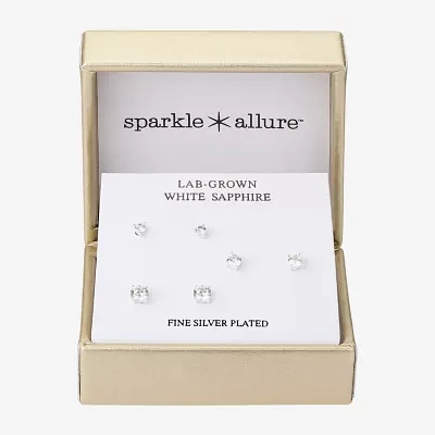 Sparkle Allure Lab Grown Sapphire Silver Tone Pure Silver Over Brass Round 3 Pair Earring Set