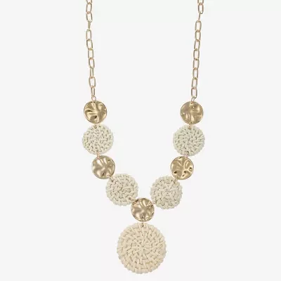 Liz Claiborne Gold Tone Hammered Raffia Womens Round 17 Inch Pendant Necklace