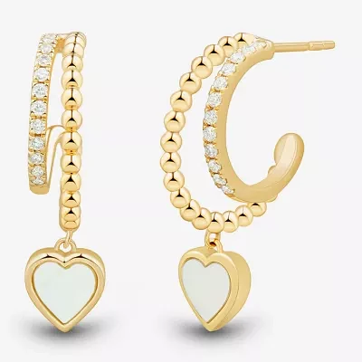 Womens 1/5 CT. Genuine White Mother Of Pearl 14K Gold Over Silver 24.4mm Heart Hoop Earrings
