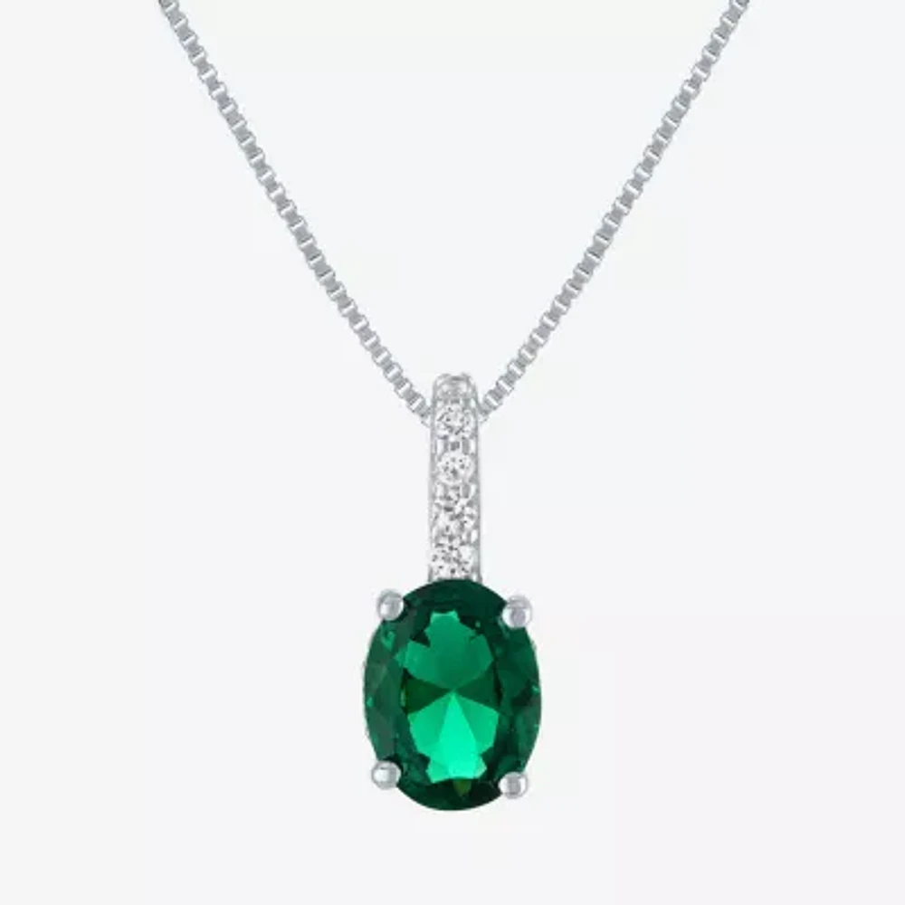 Womens Lab Created Green Emerald Sterling Silver Oval Pendant Necklaces