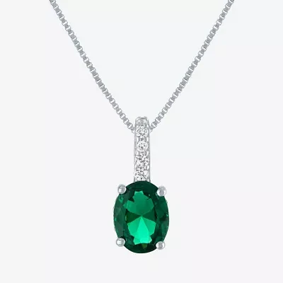 Womens Lab Created Green Emerald Sterling Silver Oval Pendant Necklaces