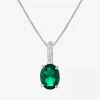Womens Lab Created Green Emerald Sterling Silver Oval Pendant Necklaces
