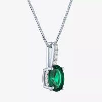 Womens Lab Created Green Emerald Sterling Silver Oval Pendant Necklaces