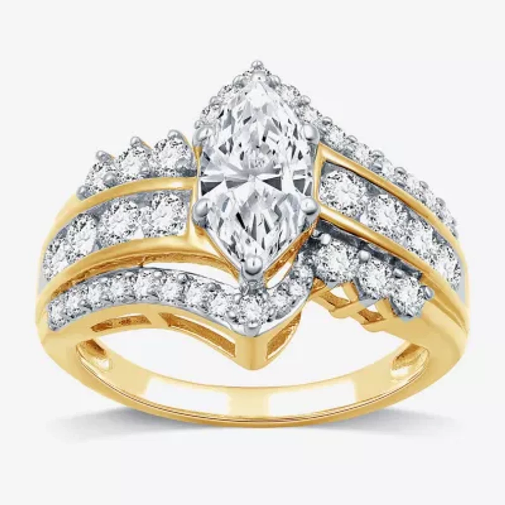 (G, Si1-Si2) Womens 2 CT. T.W. Lab Grown White Diamond 10K Gold Marquise Side Stone Cocktail Ring