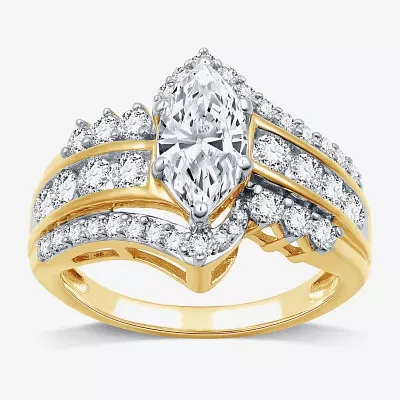 (G, Si1-Si2) Womens 2 CT. T.W. Lab Grown White Diamond 10K Gold Marquise Side Stone Cocktail Ring