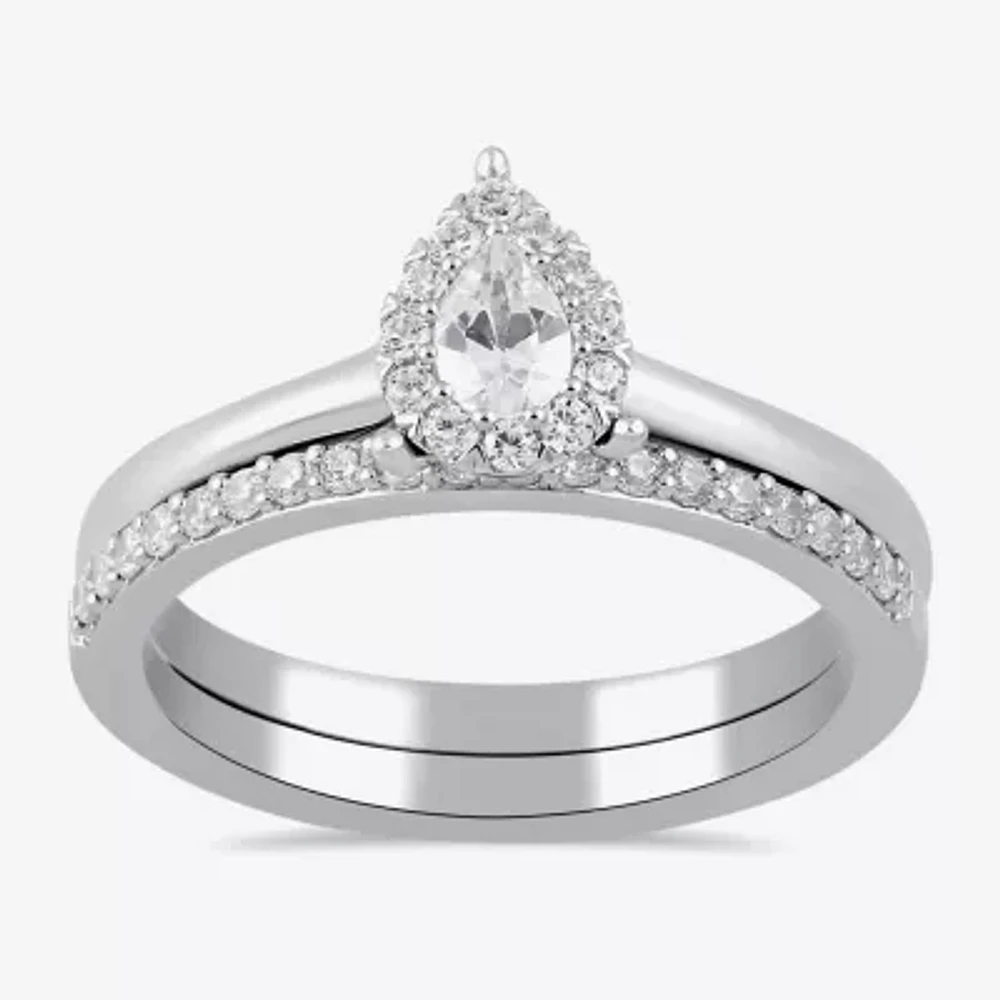 (H / I1-I2) Womens 1/2 CT. T.W. Lab Grown White Diamond Sterling Silver Pear Halo Bridal Set