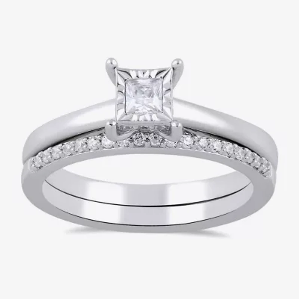 H / I1-I2) Womens 1/ CT. T.W. Lab Grown White Diamond Sterling Silver Halo Bridal Set