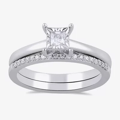 H / I1-I2) Womens 1/ CT. T.W. Lab Grown White Diamond Sterling Silver Halo Bridal Set