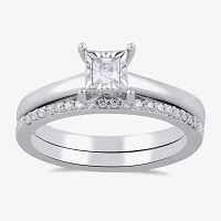 H / I1-I2) Womens 1/ CT. T.W. Lab Grown White Diamond Sterling Silver Halo Bridal Set