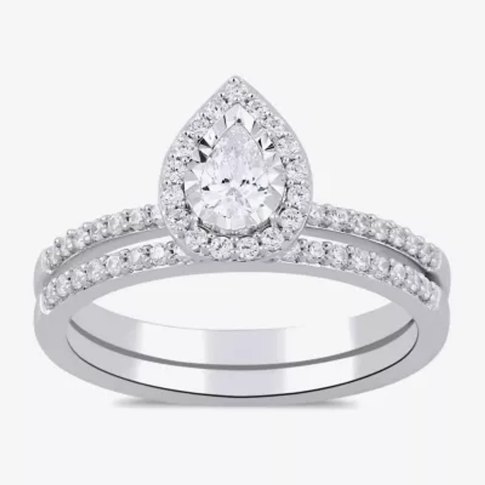 (H / I1-I2) Womens 5/8 CT. T.W. Lab Grown White Diamond Sterling Silver Pear Side Stone Bridal Set