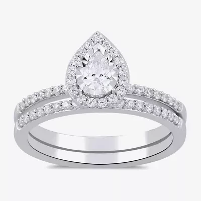 (H / I1-I2) Womens 5/8 CT. T.W. Lab Grown White Diamond Sterling Silver Pear Side Stone Bridal Set