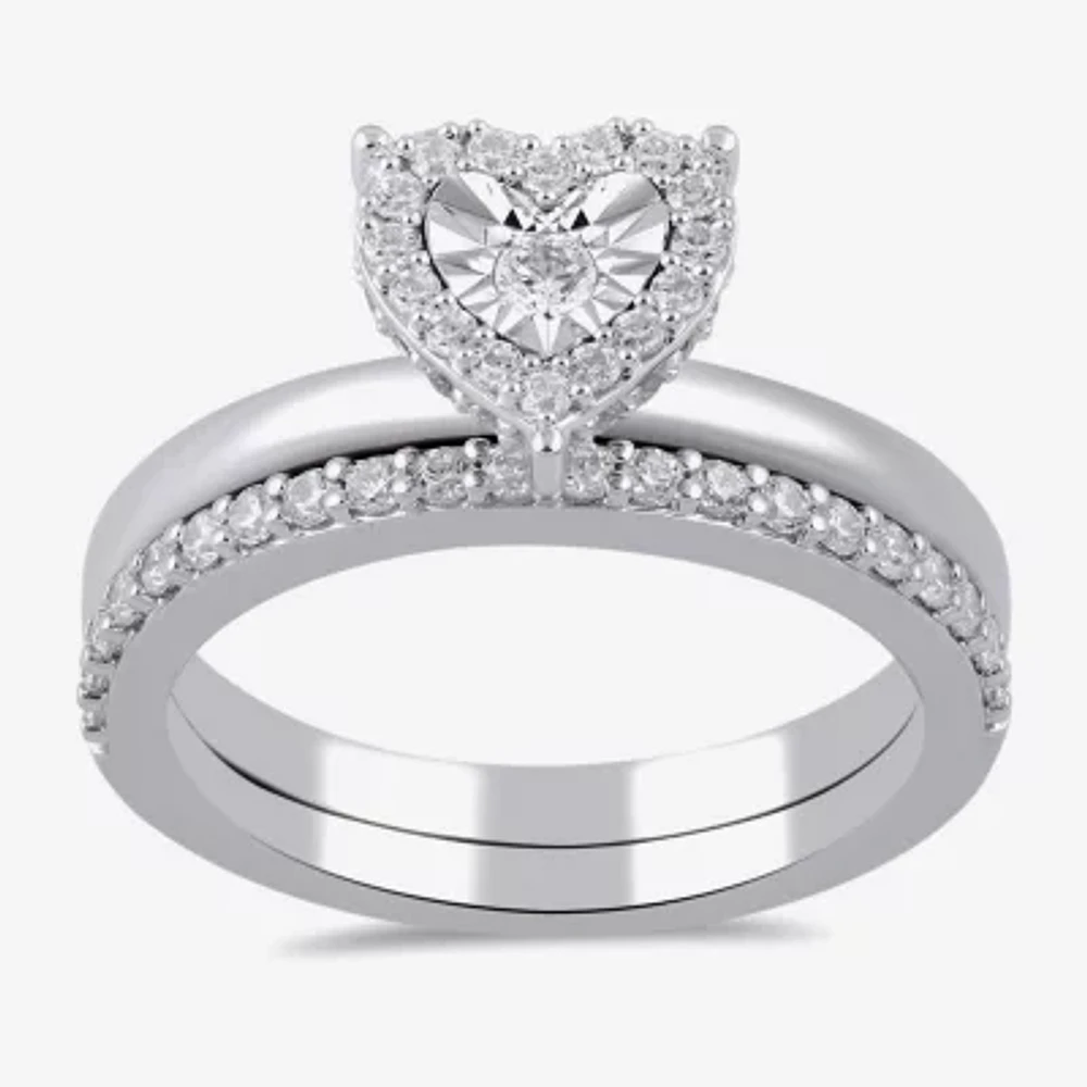(H / I1-I2) Womens 1/2 CT. T.W. Lab Grown White Diamond Sterling Silver Heart Halo Bridal Set