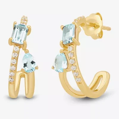 Genuine Blue Aquamarine 14K Gold Over Silver 17.2mm Pear Hoop Earrings