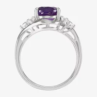 Womens Genuine Purple Amethyst Sterling Silver Oval Side Stone Cocktail Ring