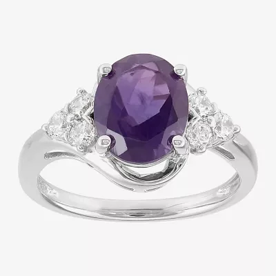 Womens Genuine Purple Amethyst Sterling Silver Oval Side Stone Cocktail Ring