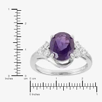 Womens Genuine Purple Amethyst Sterling Silver Oval Side Stone Cocktail Ring